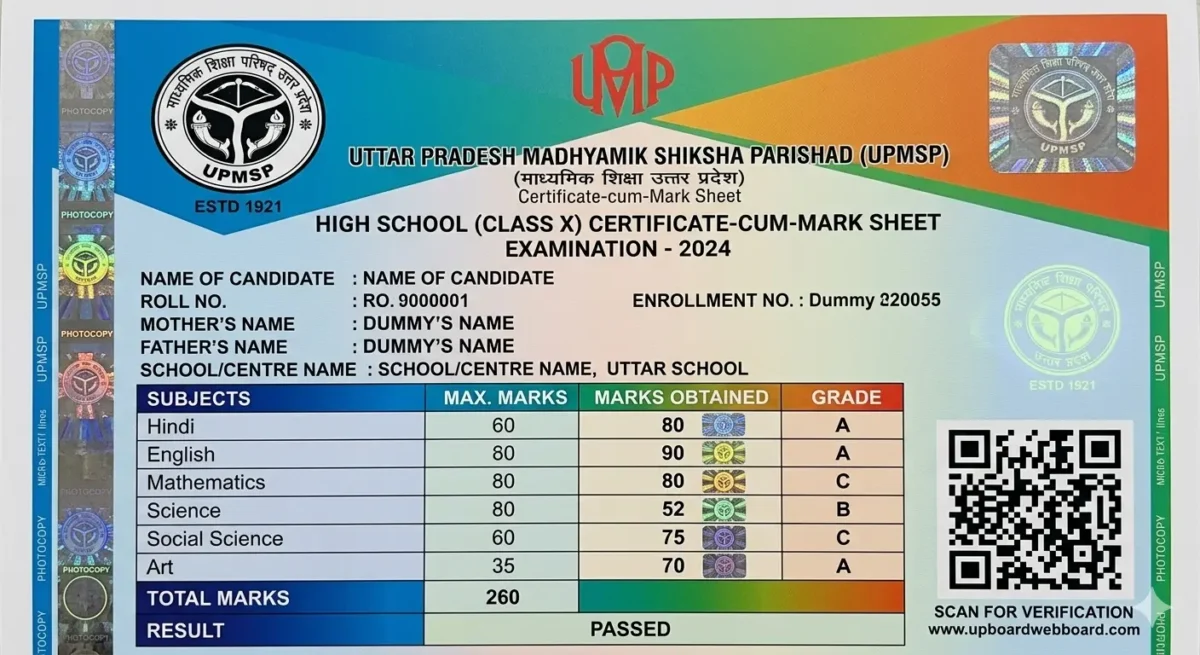 UP Board High Tech Marksheet 16 Advance Security Features UPMSP Result 2026