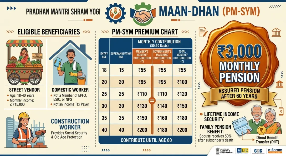 PM Shram Yogi Maandhan Yojana Premium Chart 3000 Pension 2026 Bharati Fast News