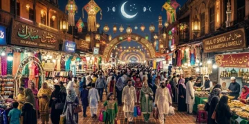 Chand Raat market crowd and crescent moon Eid-ul-Fitr 2026 India