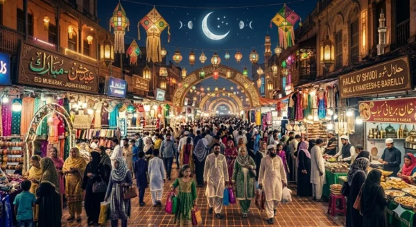Chand Raat market crowd and crescent moon Eid-ul-Fitr 2026 India