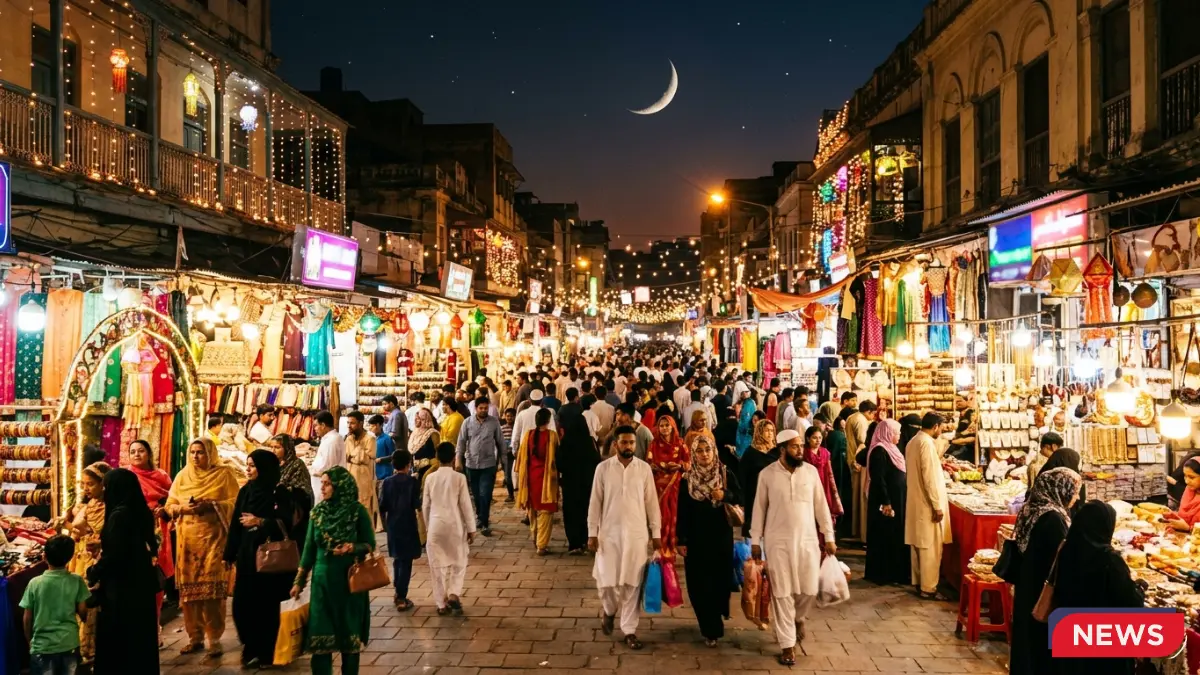 Chand Raat market crowd and crescent moon Eid-ul-Fitr 2026 India