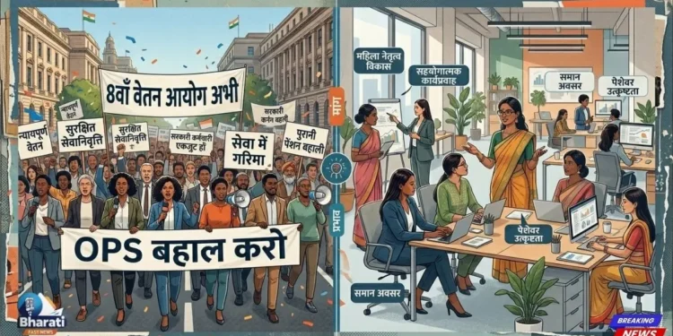 8वें वेतन आयोग और ओपीएस की मांग को लेकर एकजुट हुए देश के सरकारी कर्मचारी।